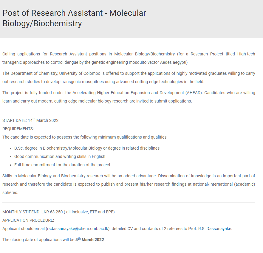 Research Assistant Vacancy in University of Colombo