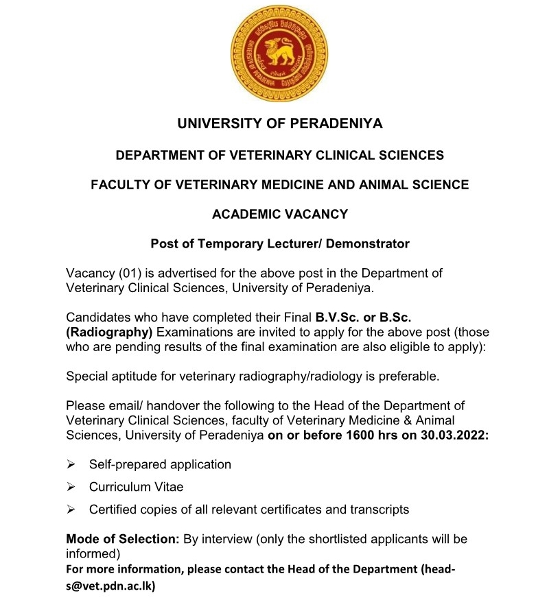 Lecturer / Demonstrator Vacancies at University of Peradeniya