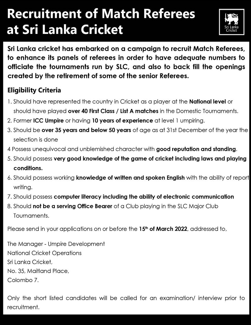 Match Referees Vacancy in Sri Lanka Cricket