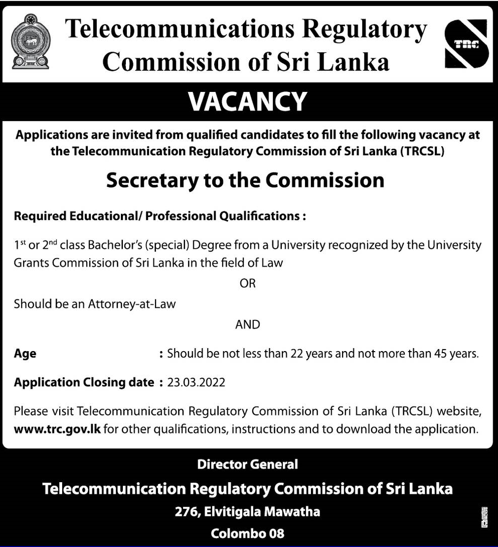 Telecommunications Regulatory Commission of Sri Lanka Vacancies 2022