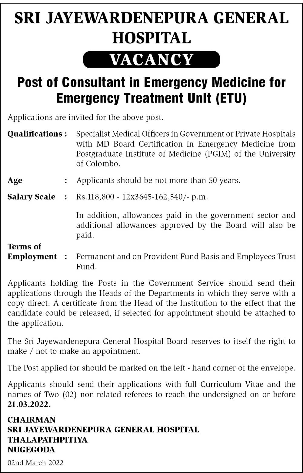 Post of Consultant in Emergency Medicine for Emergency Treatment Unit (ETU)
