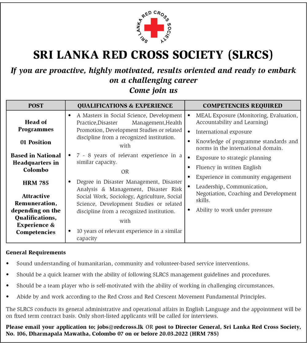 Head of Programmes Vacancy in Sri Lanka Red Cross