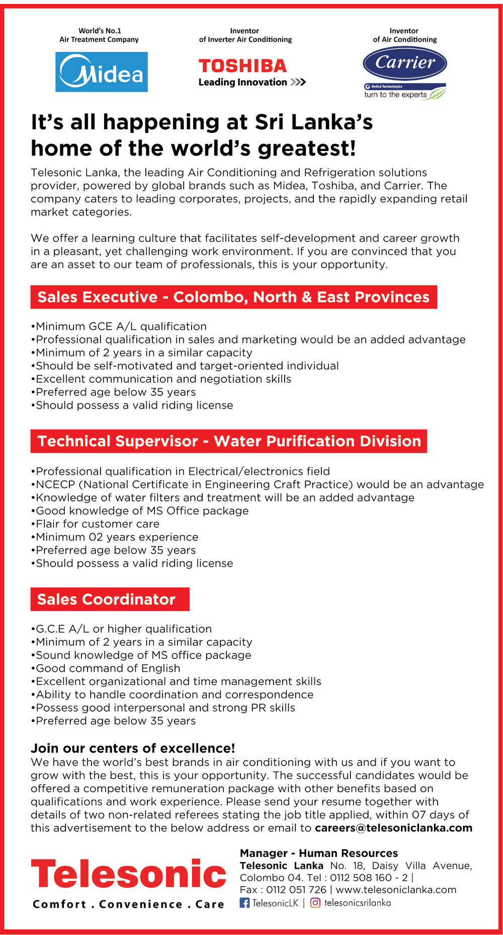 Sales Executive / Sales Coordinator Vacancies in Telesonic Lanka
