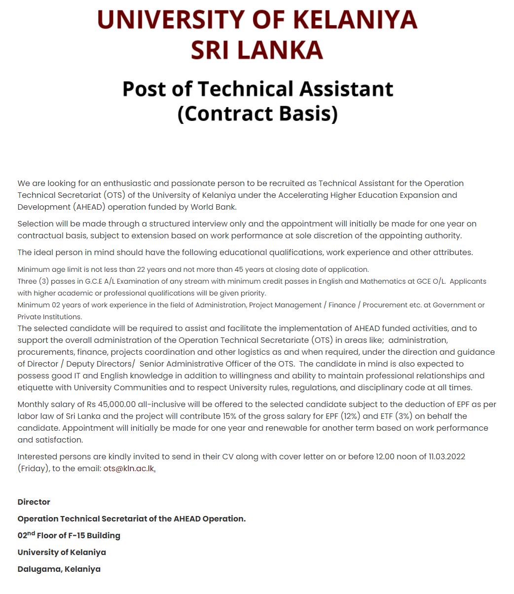 Technical Assistant Vacancy in University of Kelaniya