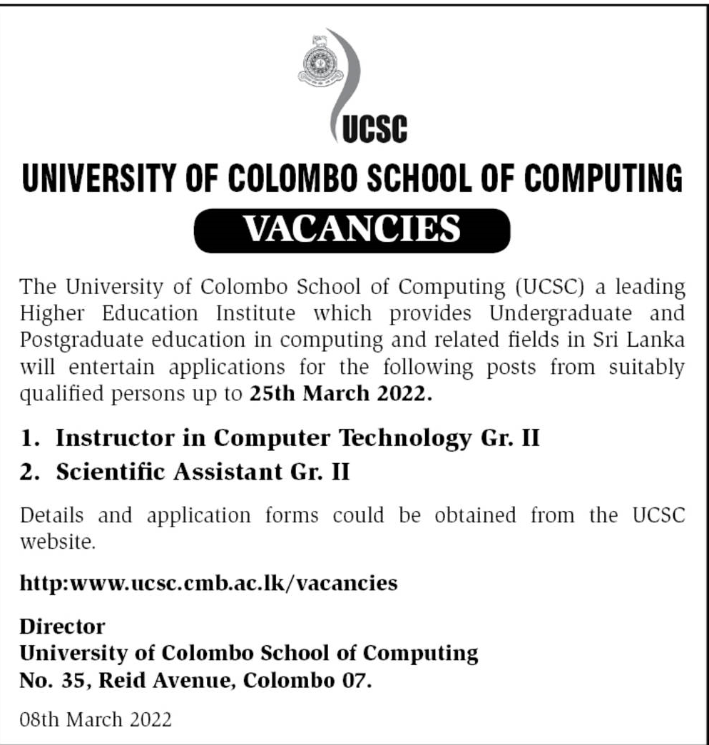 Instructor / Scientific Assistant – University of Colombo School of Computing