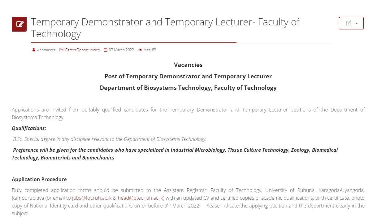 Demonstrator / Lecturer Vacancies in University of Ruhuna