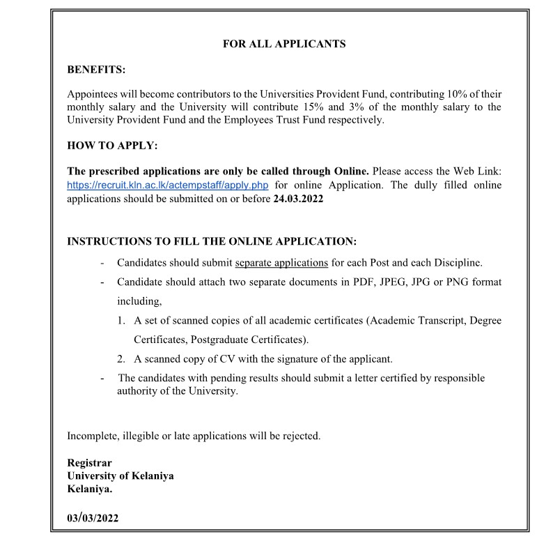 University of Kelaniya Lecturer Recruitments Vacancies
