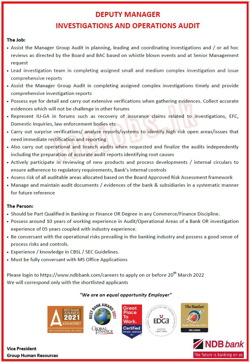 Deputy Manager of Investigations & Operations Audit Vacancy NDB Bank