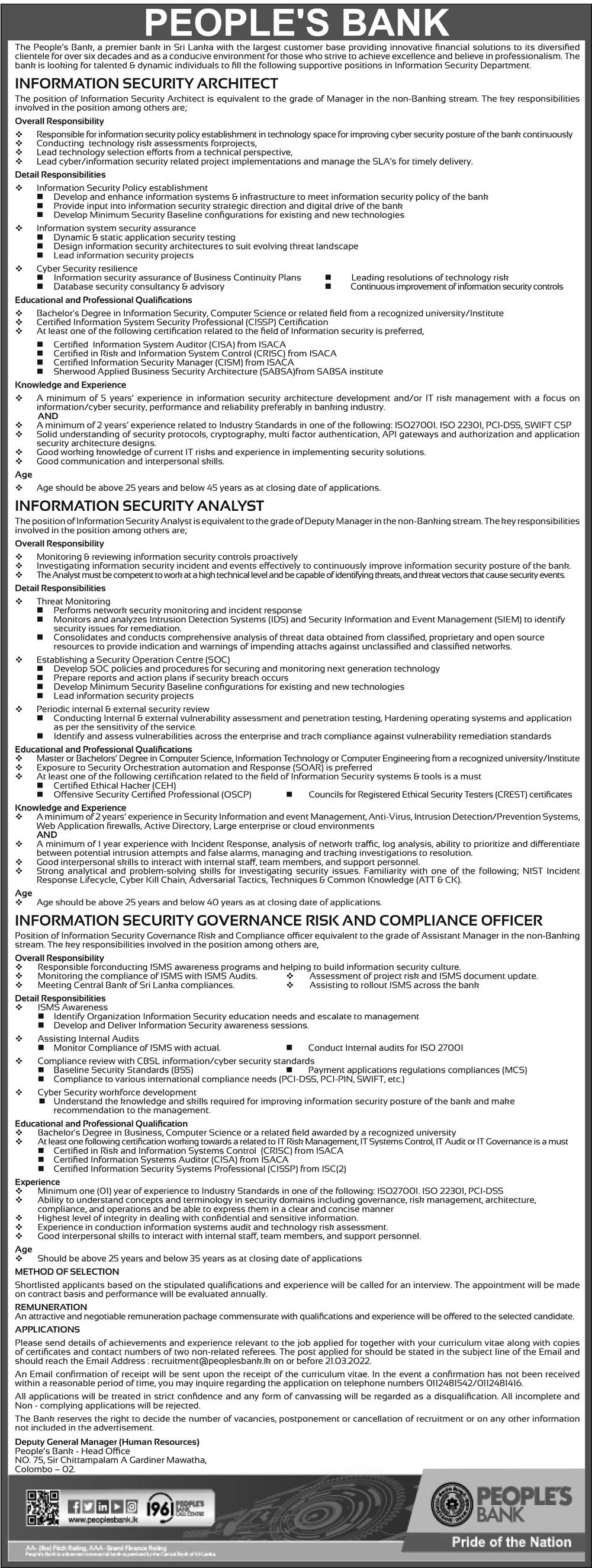 Information Security Architect / Information Security Analyst / Information Security Governance Risk & Compliance Officer - People’s Bank