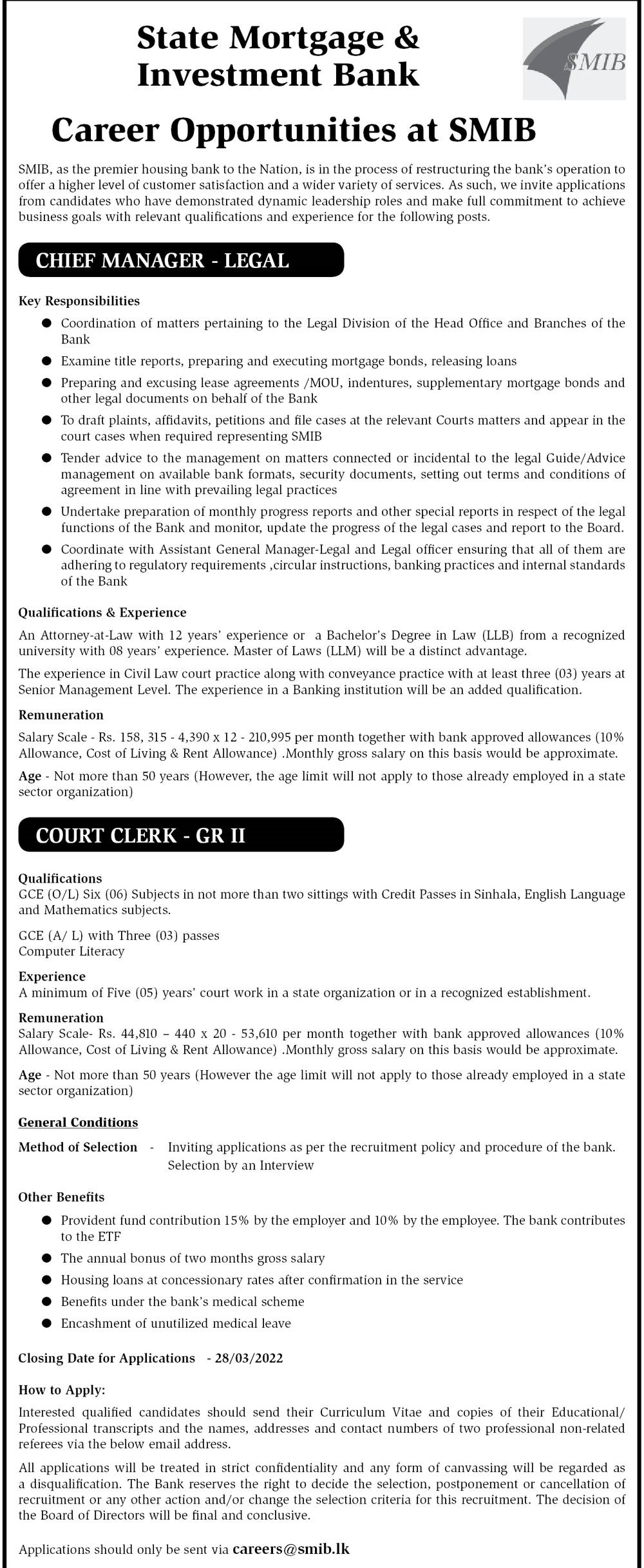 Chief Manager / Court Clerk – State Mortgage and Investment Bank