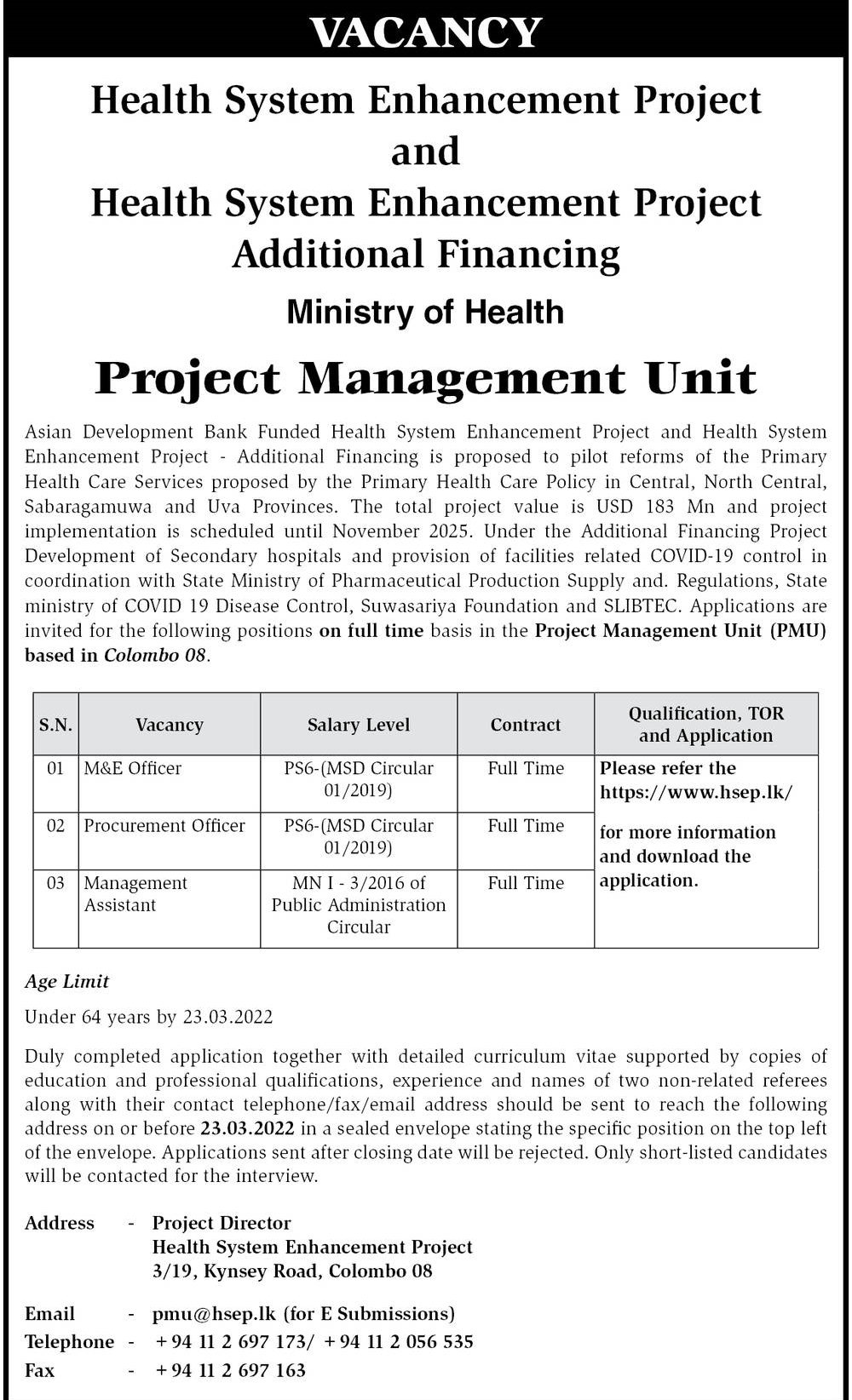 Procurement Officer / Management Assistant / Monitoring and Evaluation Officer – Ministry of Health