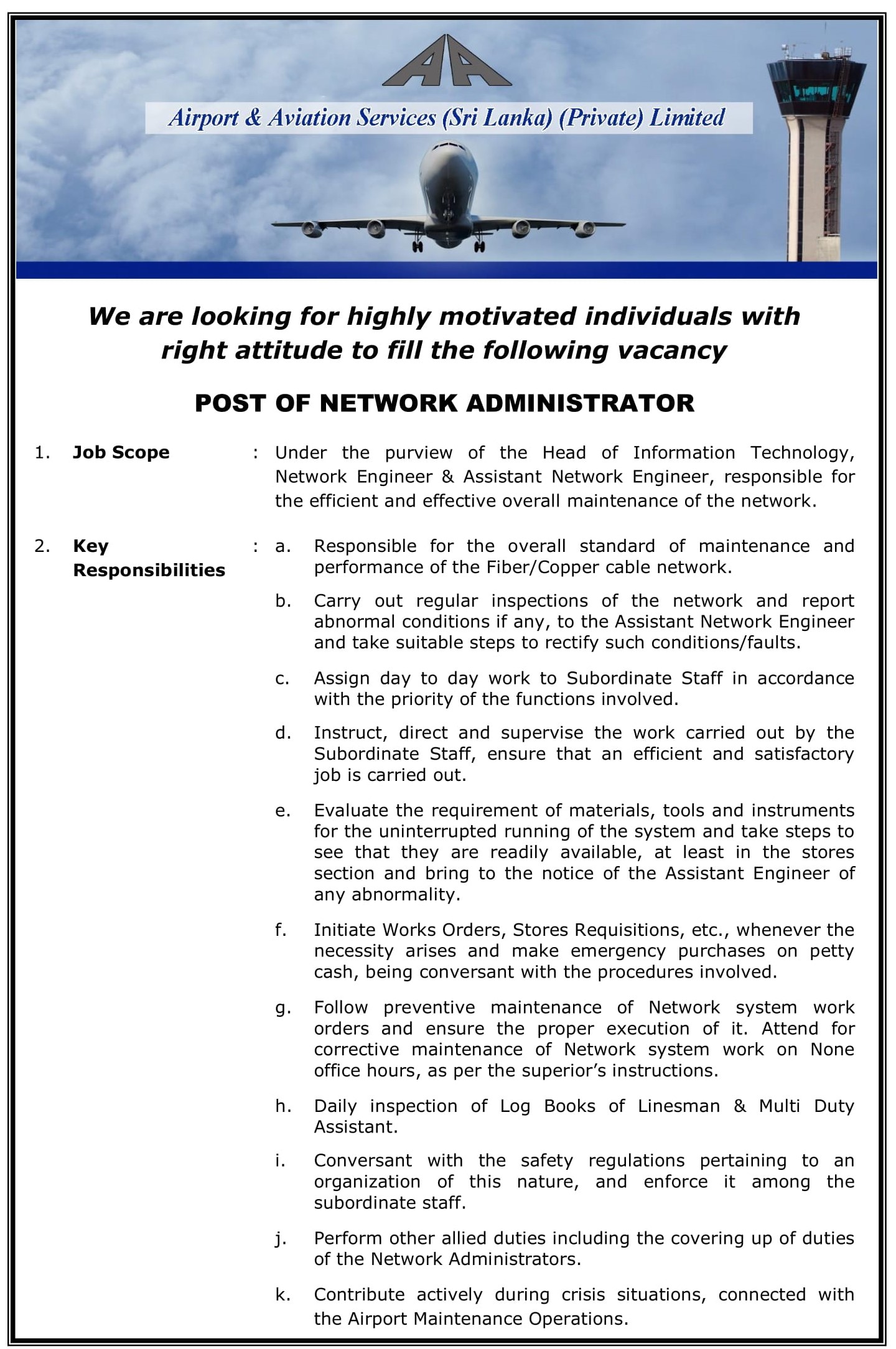 Network Administrator – Airport & Aviation Services (Sri Lanka) (Private) Limited