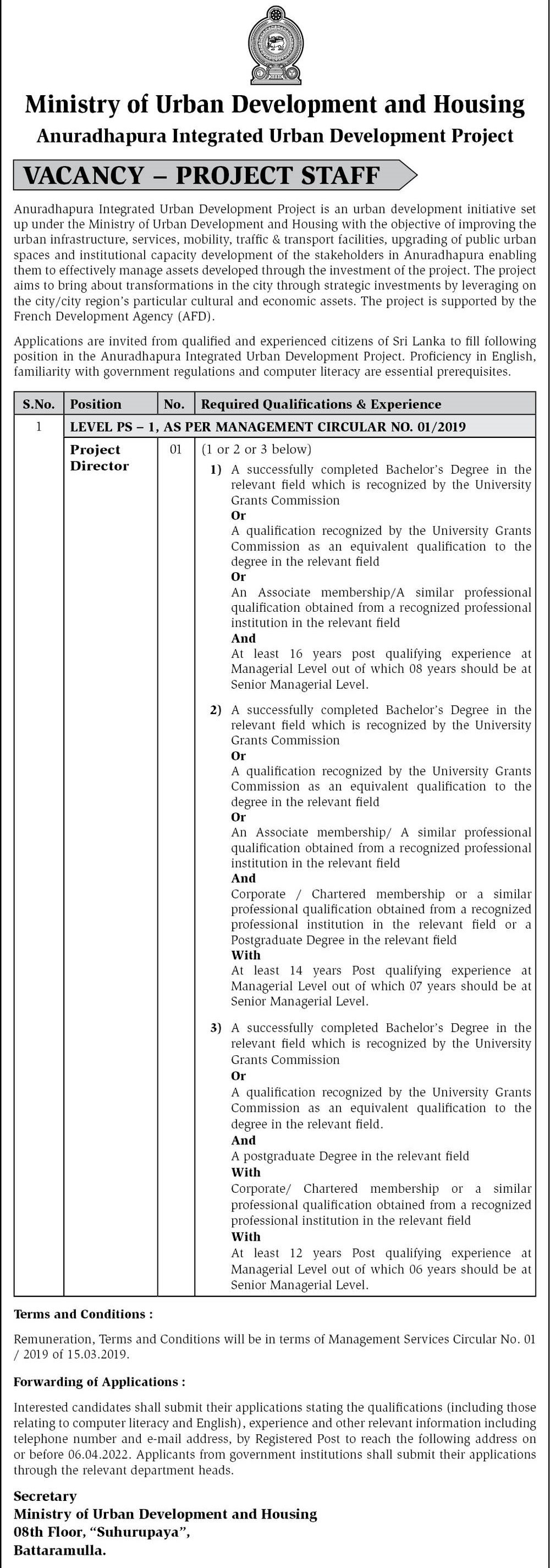 Jobs Vacancies in Ministry of Urban Development and Housing