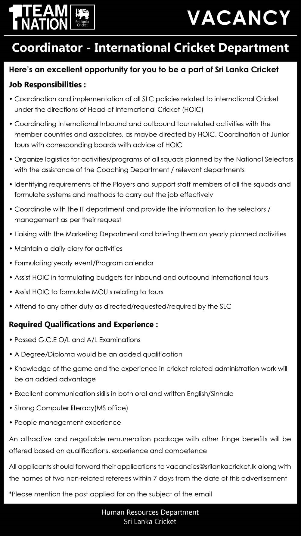 Sri Lanka Cricket Coordinator Jobs Vacancies 2022