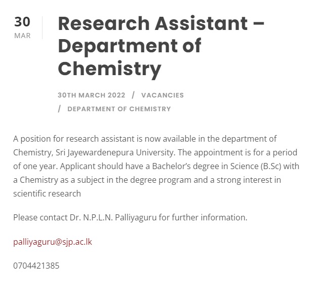 University of Sri Jayewardenepura Vacancies 2022 for Research Assistant