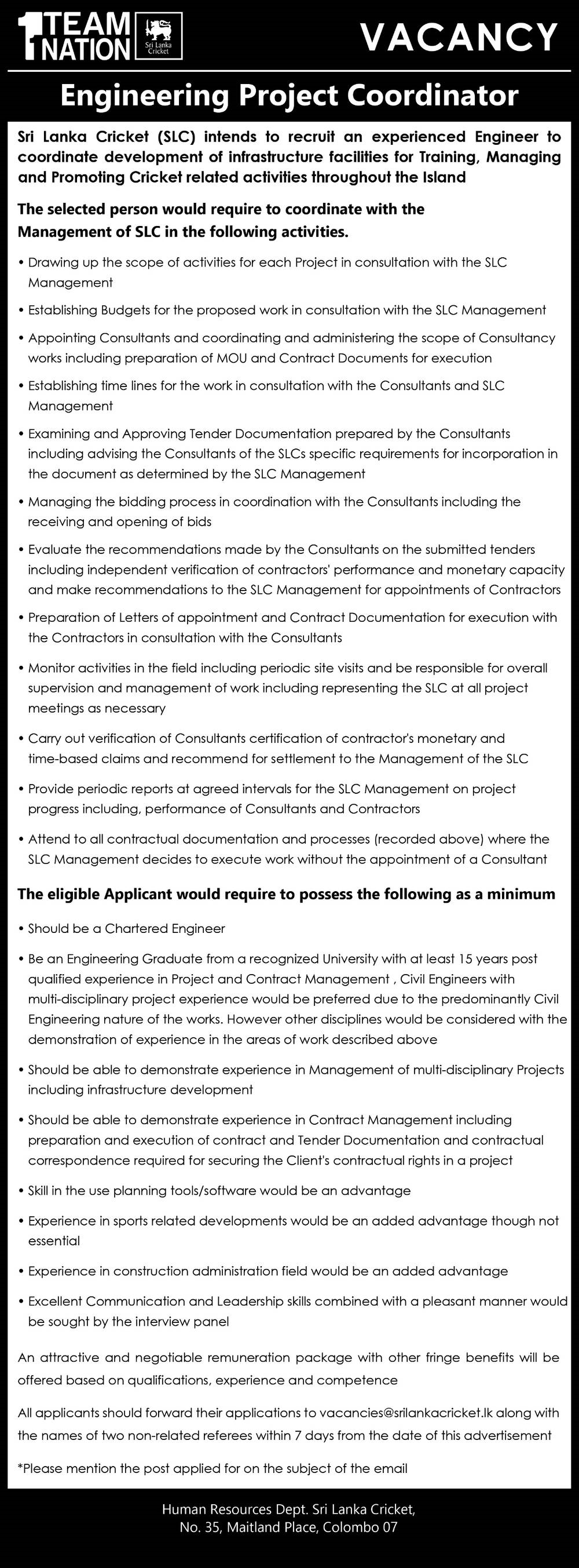 Sri Lanka Cricket Vacancies 2022 for Engineering Project Coordinator