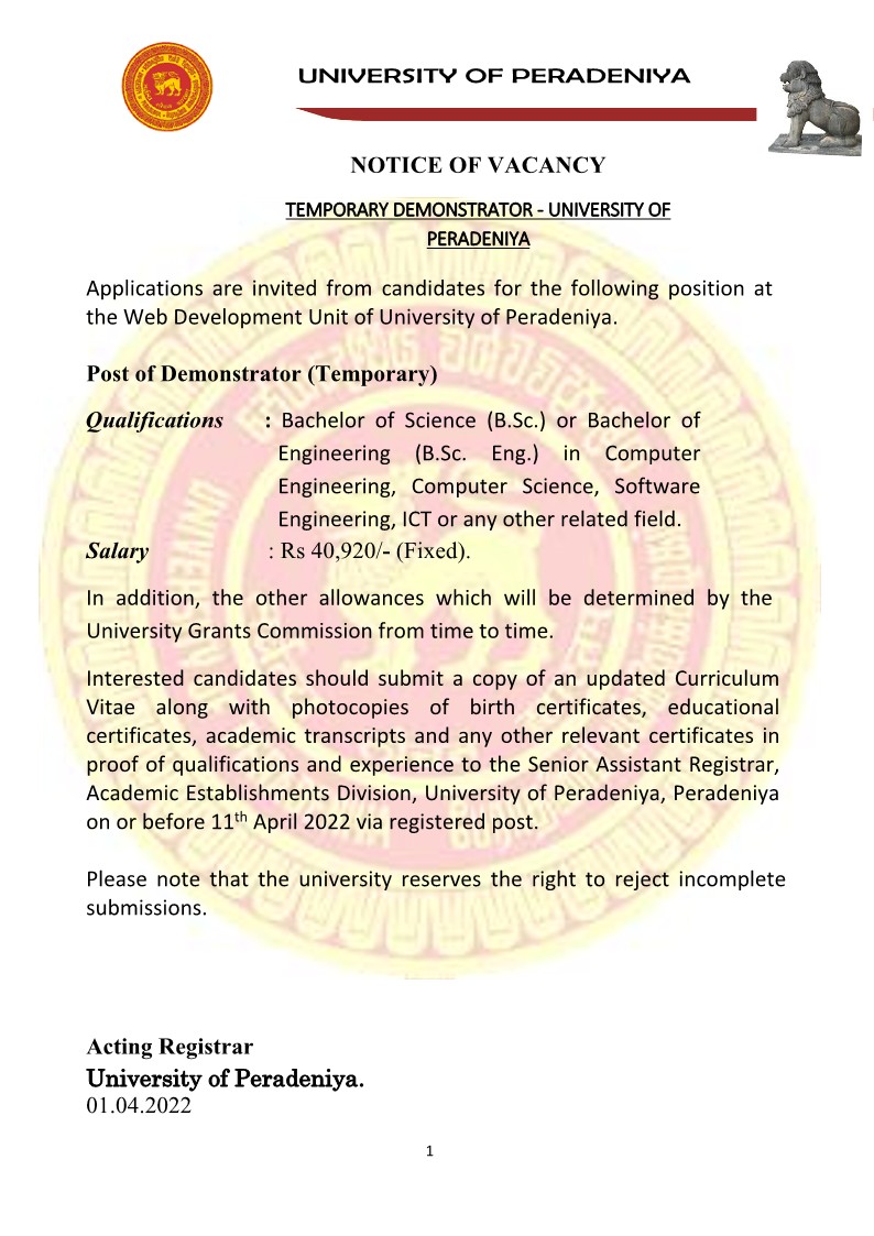 University of Peradeniya Vacancies 2022 for Demonstrator