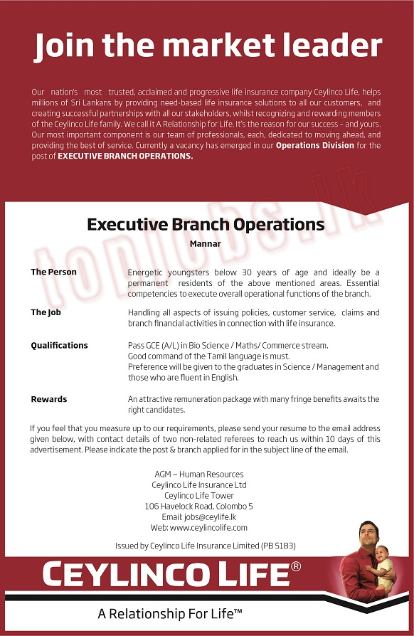 Ceylinco Life Insurance Vacancies 2022 for Executive Branch Operations