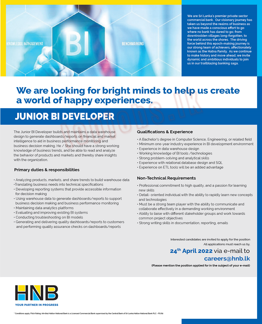 HNB Bank Vacancies 2022 for Junior BI Developer