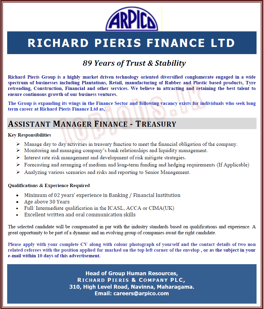 Richard Pieris & Company PLC Vacancies 2022 for Assistant Manager Finance of Treasury
