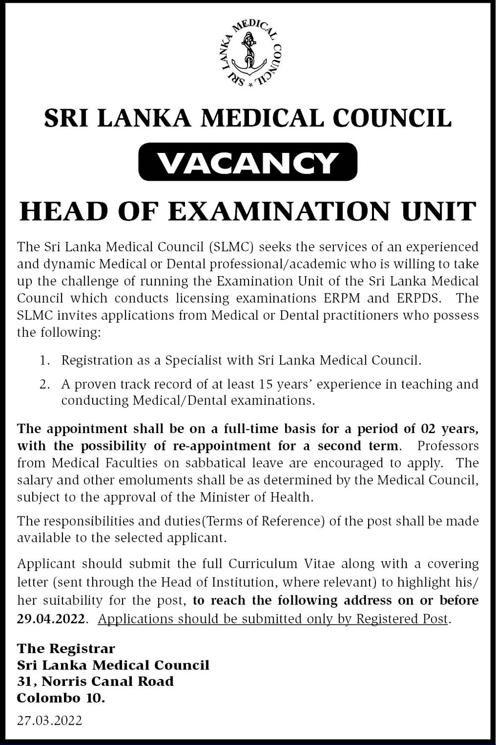Sri Lanka Medical Council Head Of Examination Unit Vacancies 2022