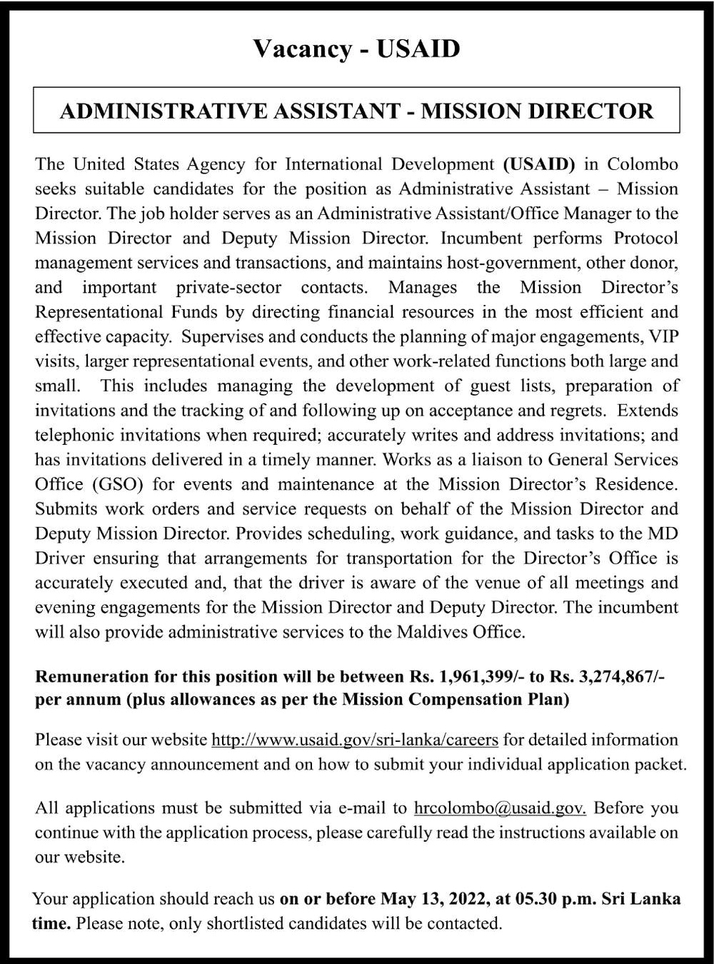 Administrative Assistant Vacancy at USAID