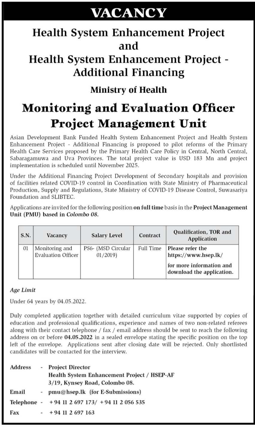 Monitoring and Evaluation Officer Vacancy at Ministry Of Health