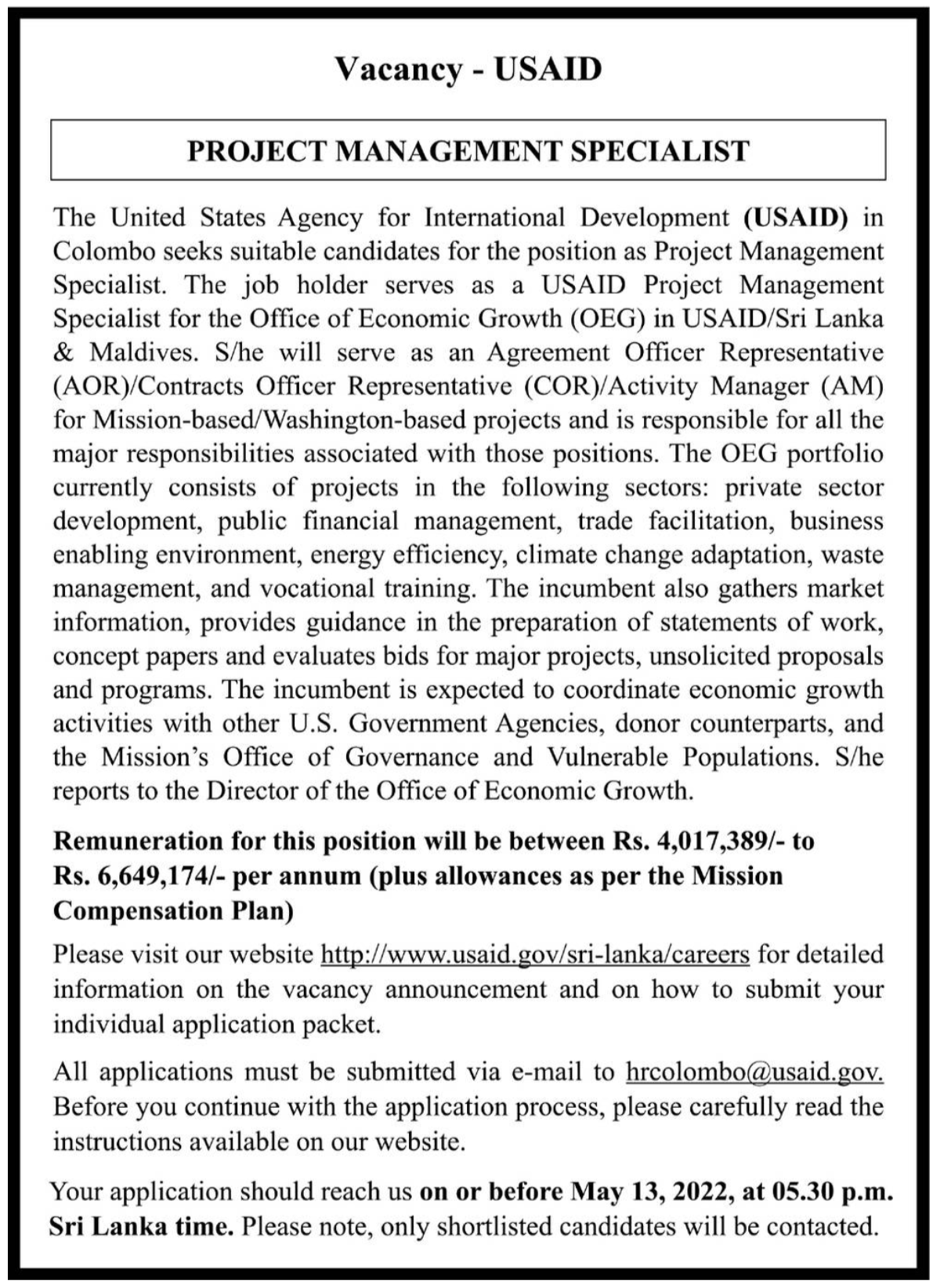 USAID Vacancies 2022 for Project Management Specialist