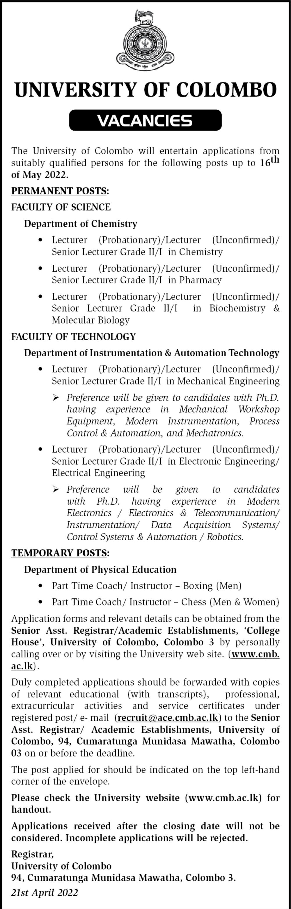 Lecturer / Senior Lecturer / Instructor Vacancies in University of Colombo