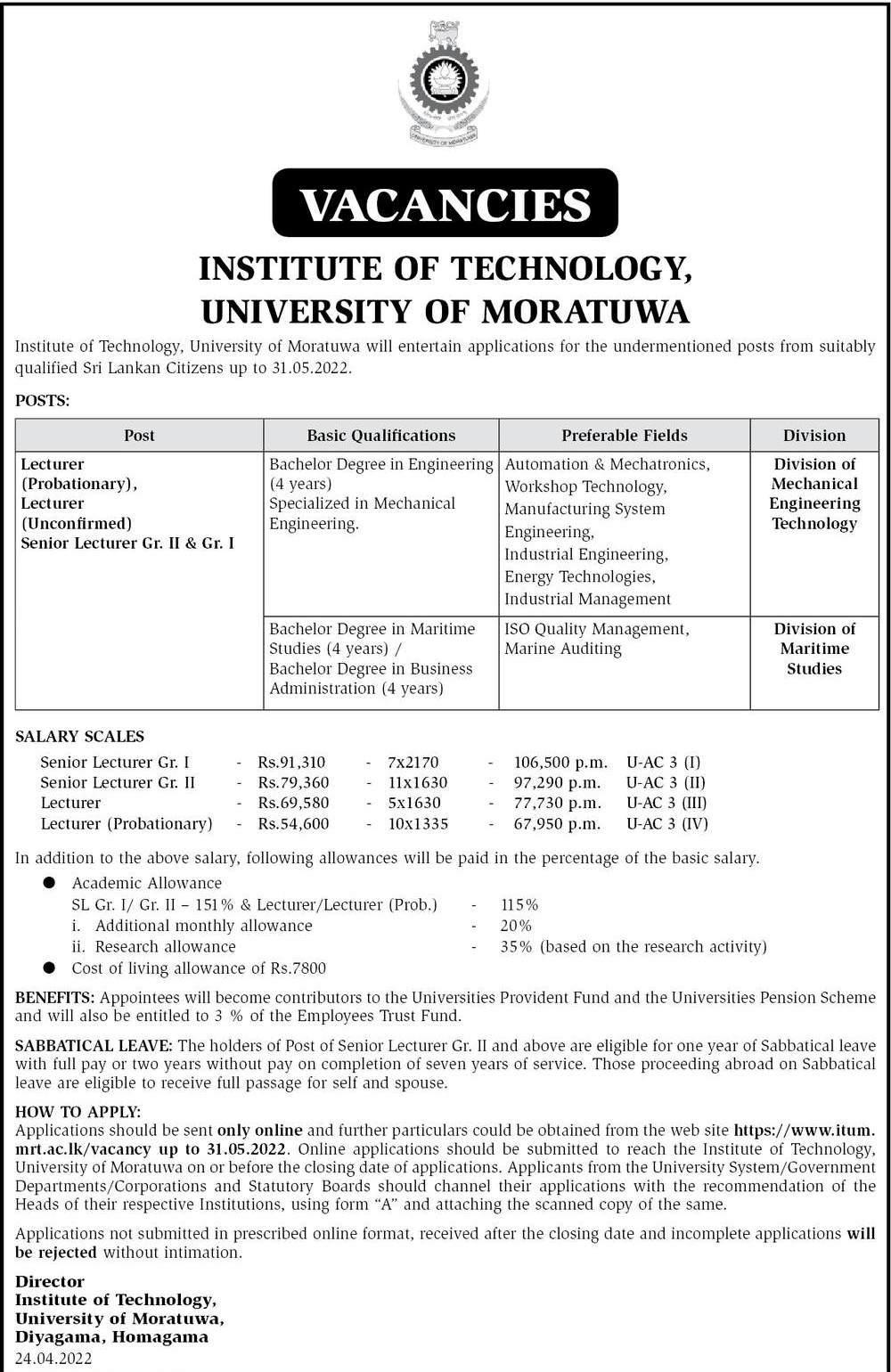 University of Moratuwa Institute of Technology Lecturers Vacancies