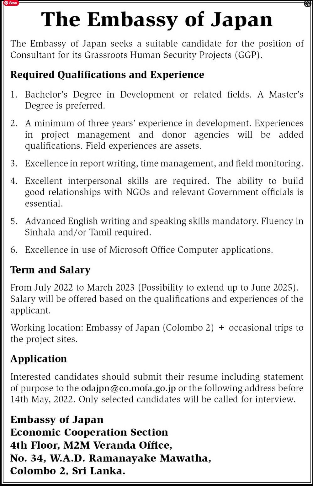 Consultant Vacancy at Embassy of Japan in Sri Lanka 2022