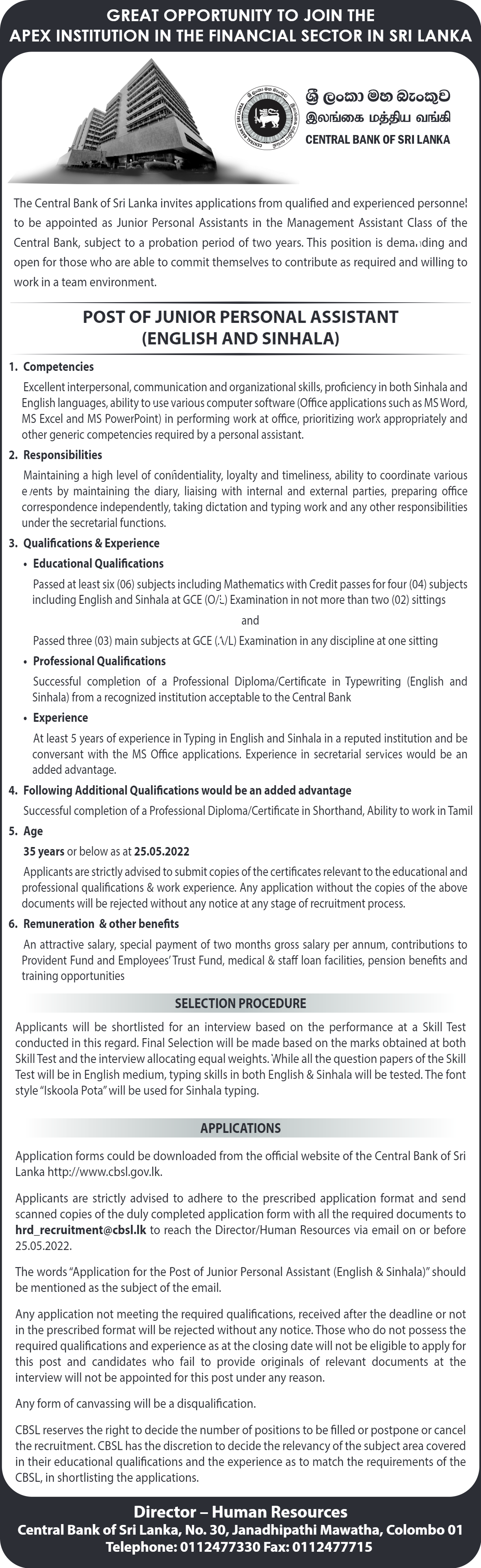 Junior Personal Assistant Vacancies 2022 at Central Bank of Sri Lanka