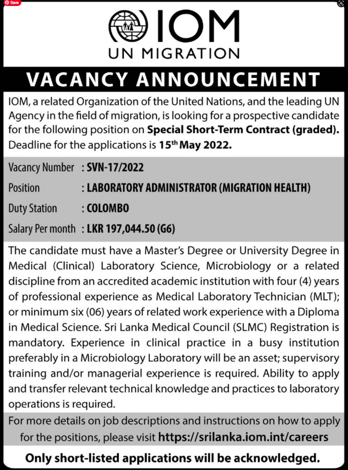 Laboratory Administrator Vacancies at International Organization for Migration