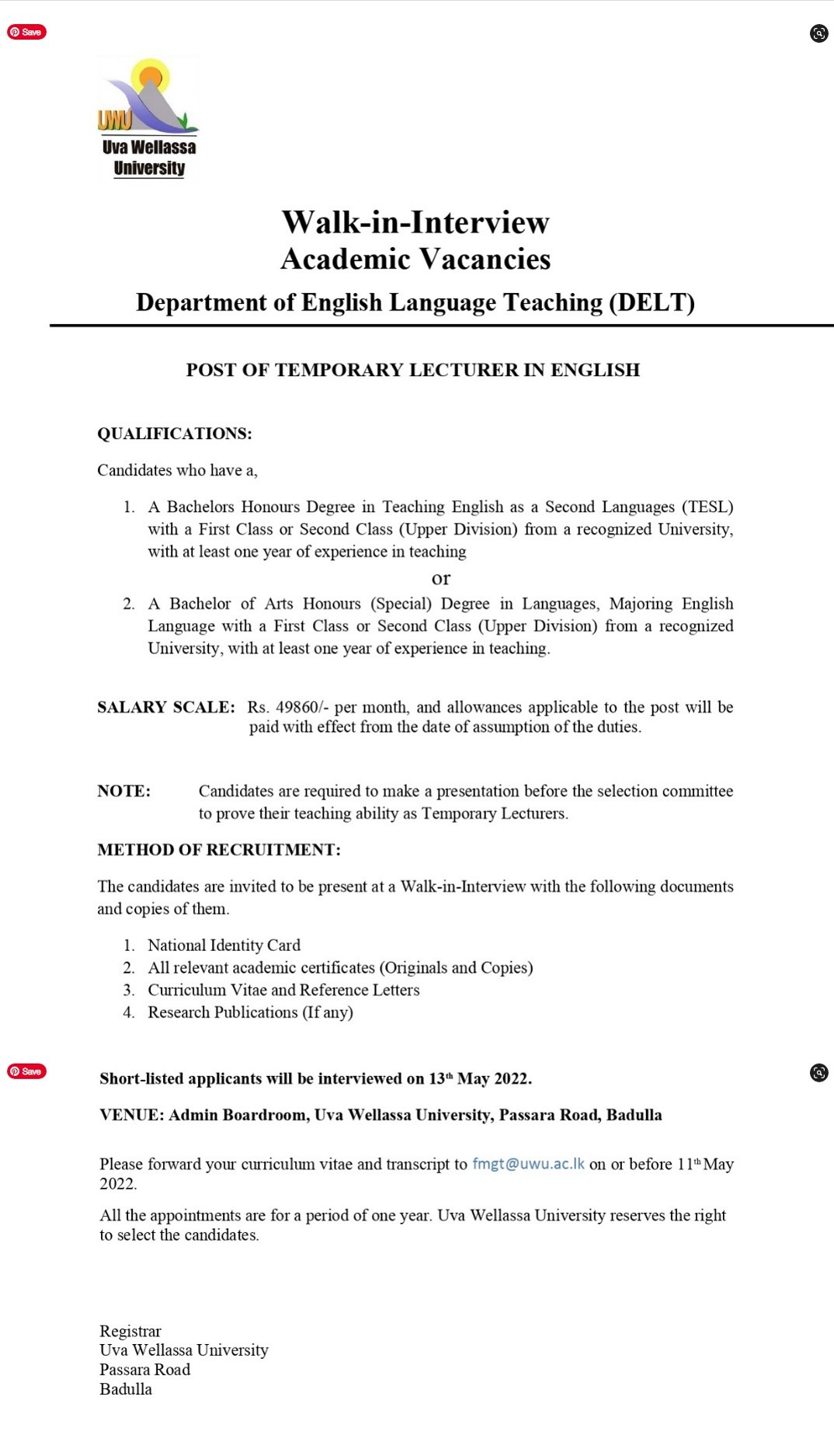 Temporary Lecturer Vacancies at Uva Wellassa University 2022