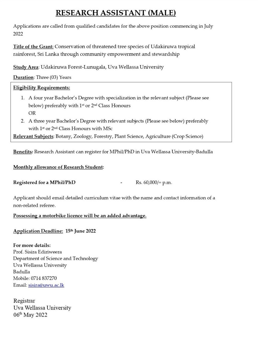 Research Assistant (Research Project) - Uva Wellassa University Vacancies 2022