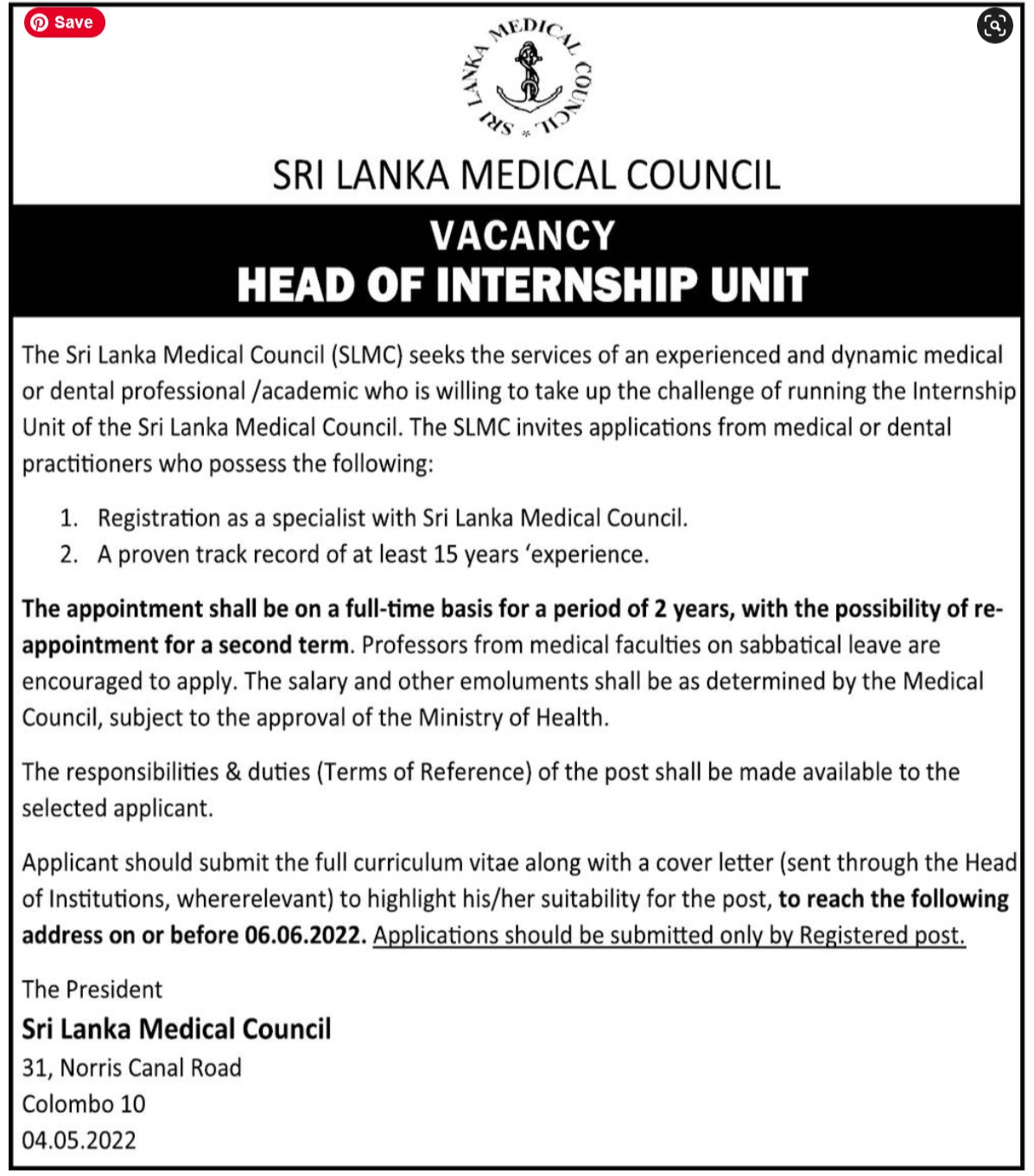 Head of Internship Unit Vacancy - Sri Lanka Medical Council