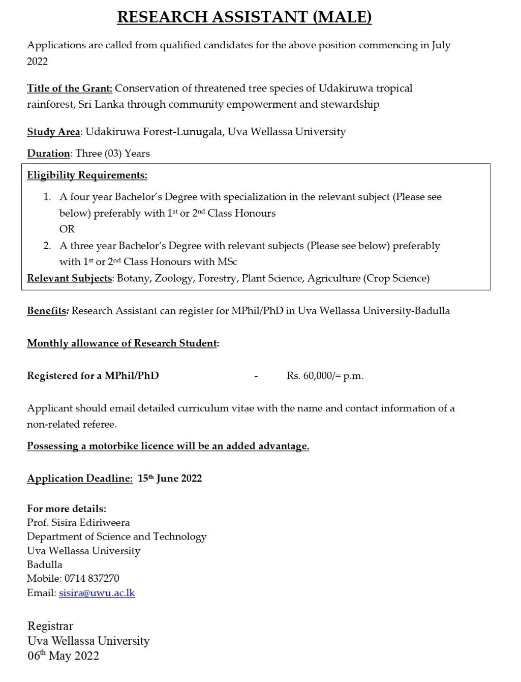 Research Assistant Vacancy 2022 in Uva Wellassa University