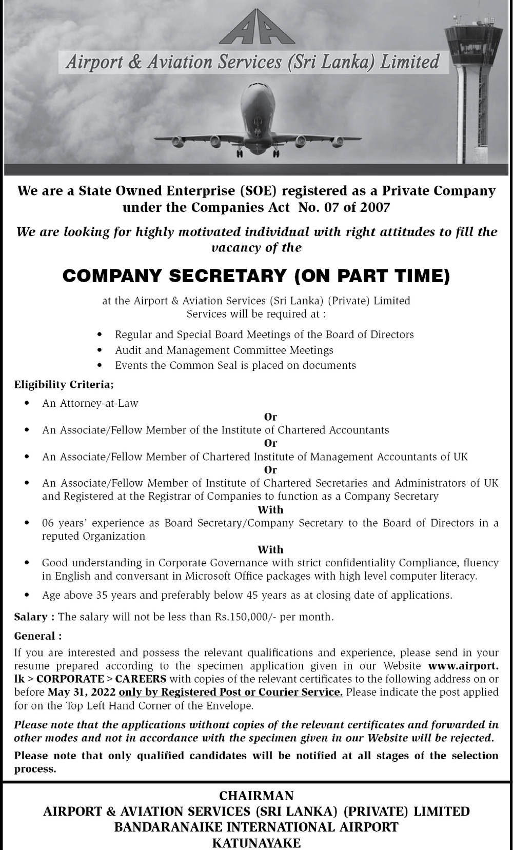 Company Secretary - Airport & Aviation Services (Sri Lanka) Limited Jobs Vacancies Application Form