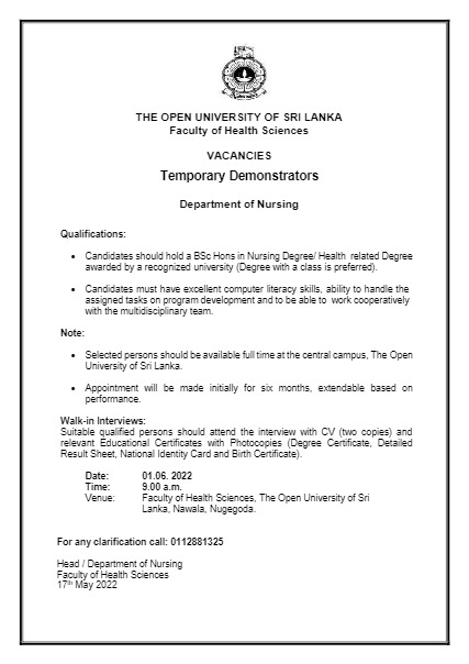 Demonstrator Vacancies 2022 - Open University of Sri Lanka Jobs Vacancies