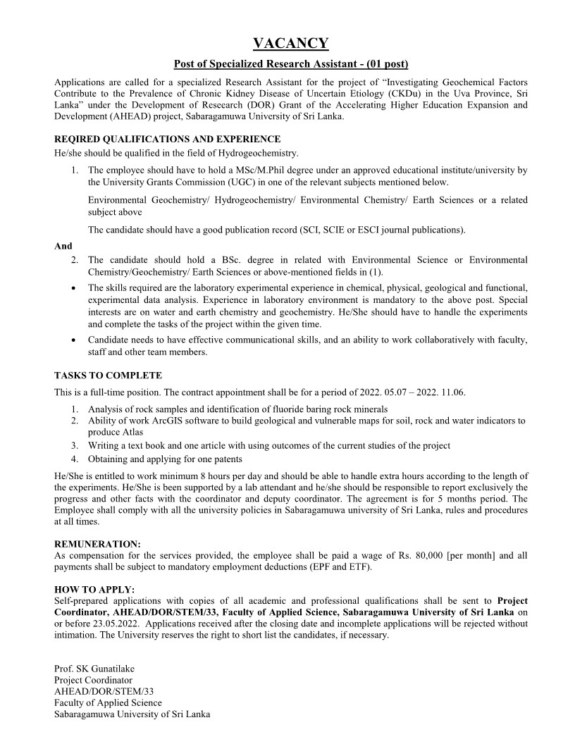 Research Assistant Vacancies 2022 - Sabaragamuwa University Jobs Vacancies Application