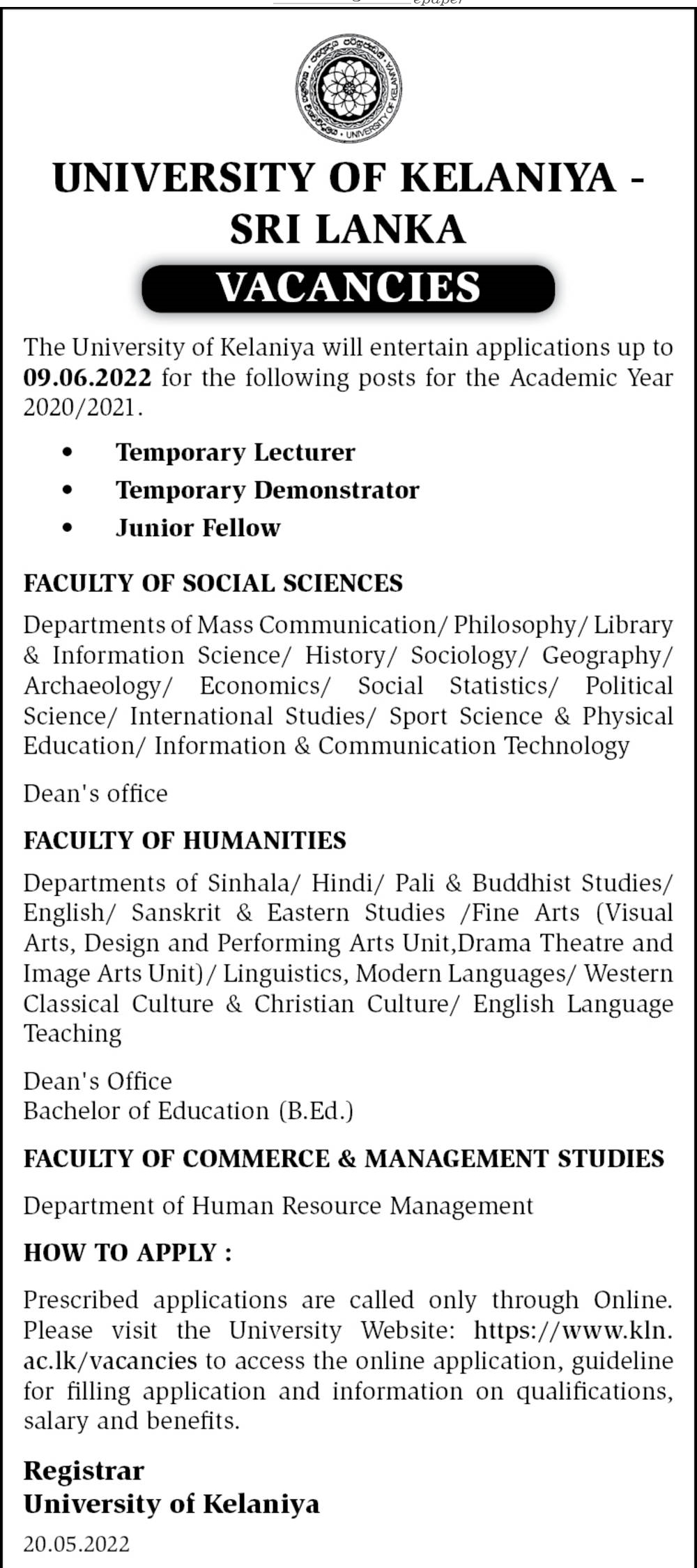 University of Kelaniya Lecturer, Exhibitor, Junior Fellow job vacancies