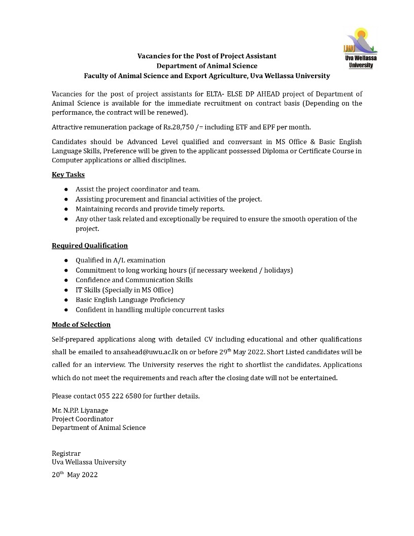 Project Assistant Vacancies 2022 - Uva Wellassa University Jobs Vacancies