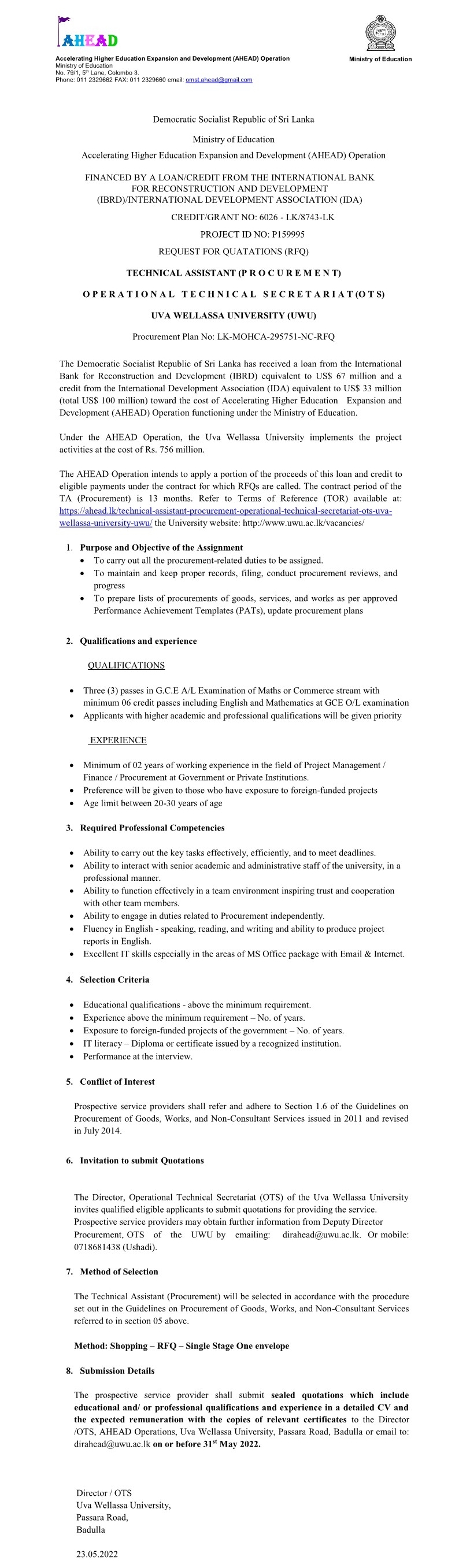 Technical Assistant (Procurement) Vacancies - UVA Wellassa University Jobs Vacancies