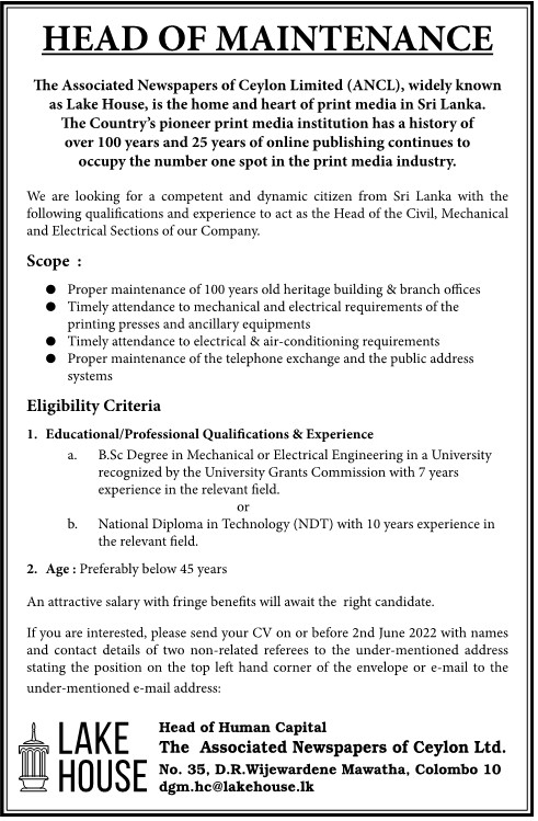 Head of Maintenance - Associated Newspapers of Ceylon Limited Jobs Vacancies