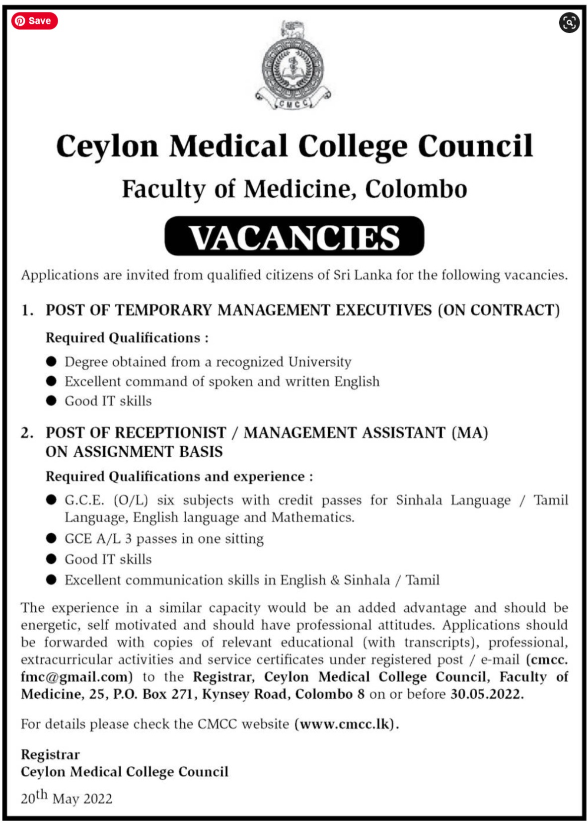 Management Executive / Management Assistant - Ceylon Medical College Council Jobs Vacancies