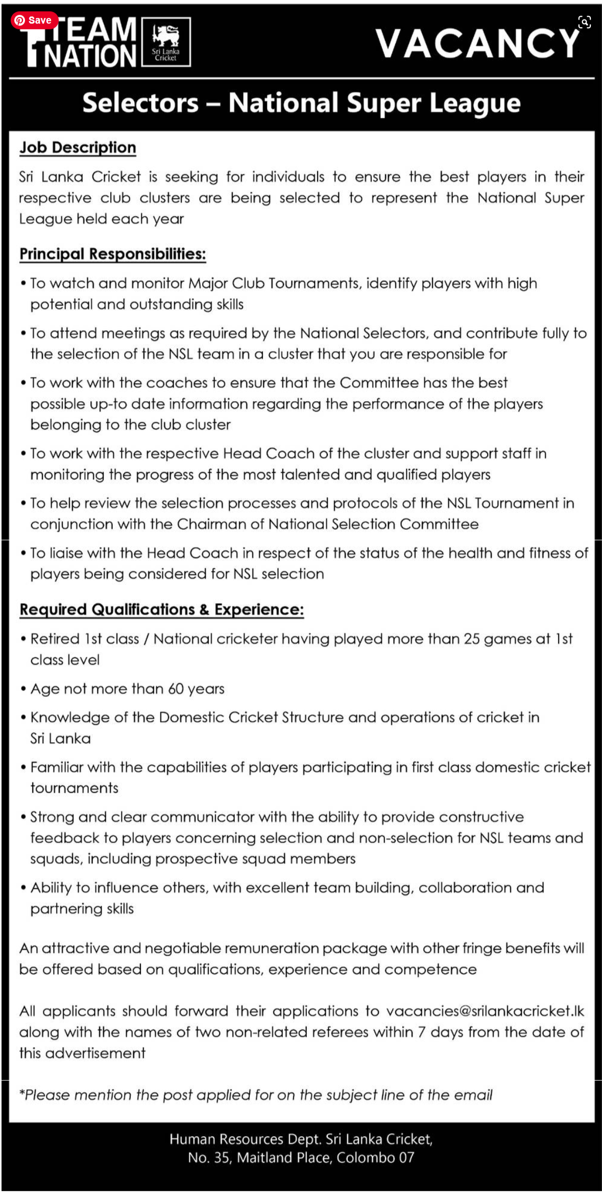 Selector Vacancy in Sri Lanka Cricket Jobs Vacancies Application