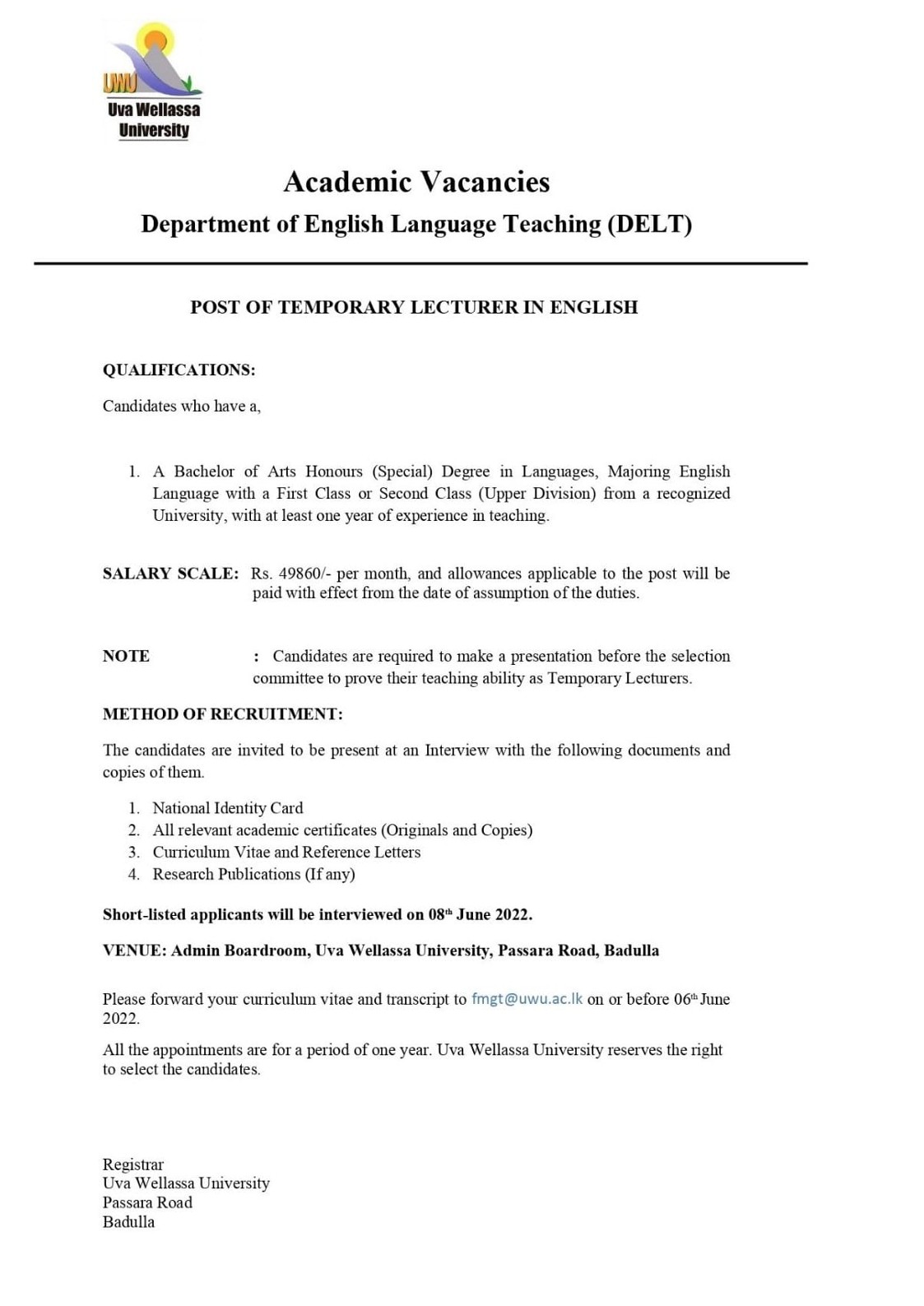 Temporary Lecturer (English) Vacancies - Uva Wellassa University Jobs Vacancies