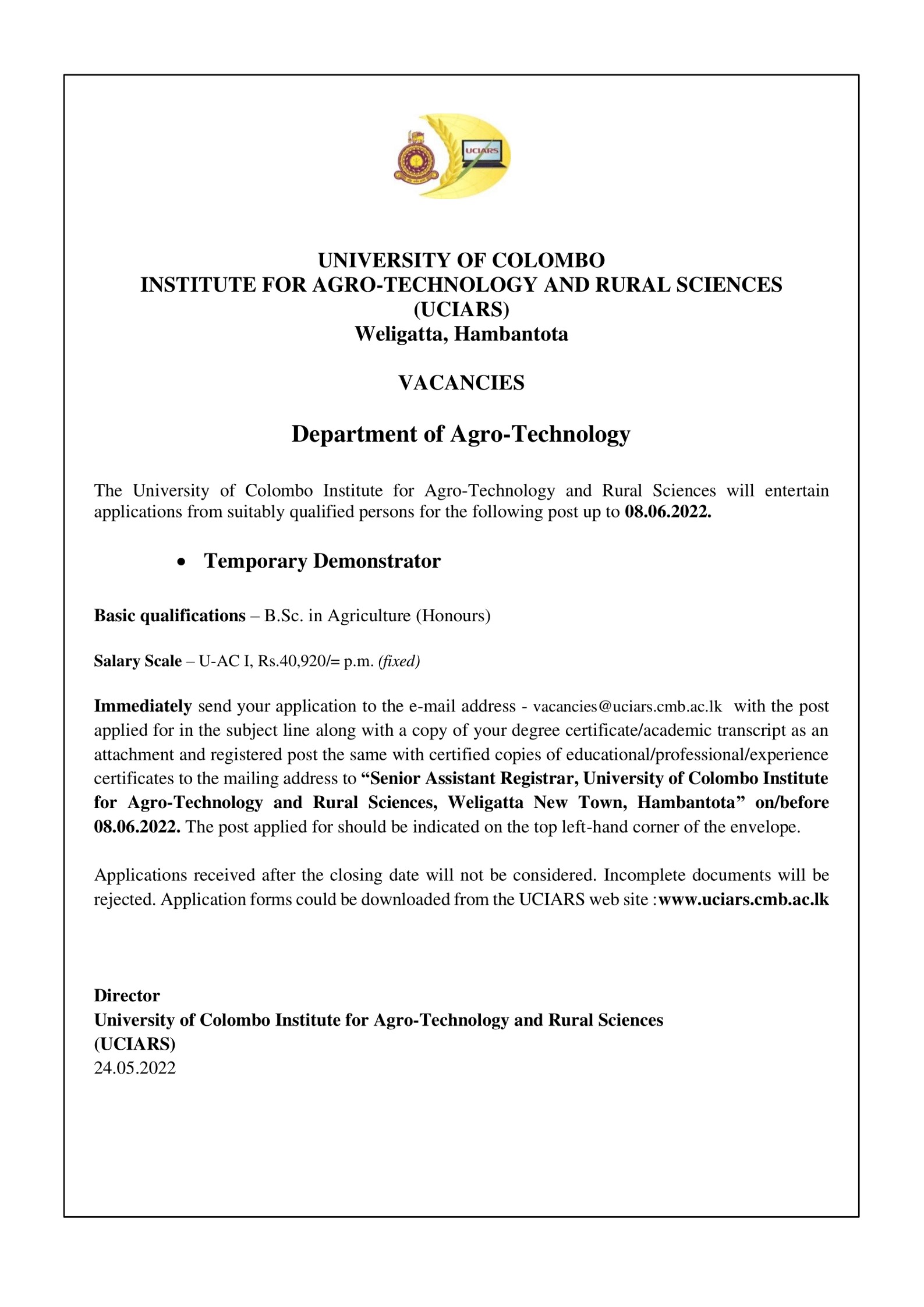 Temporary Demonstrator Vacancies (UCIARS) - University of Colombo Jobs Vacancies
