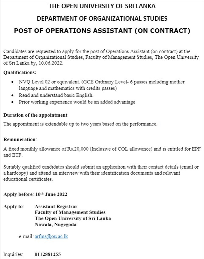 Operations Assistant Vacancies - Open University Jobs Vacancies