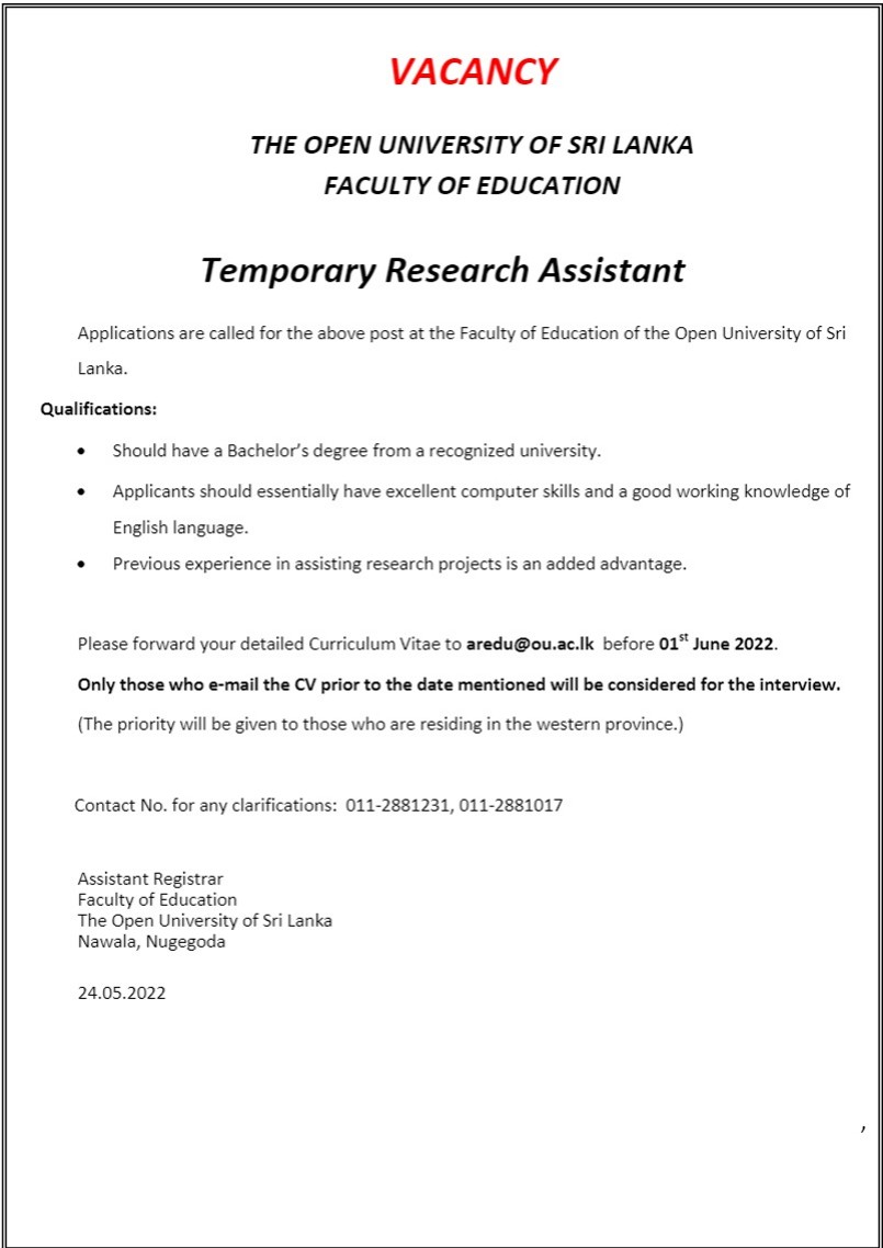 Temporary Research Assistant Vacancies - Open University Jobs Vacancies